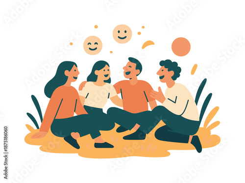 Sunny Glade Gathering. Glade gathering. Friends sit in a sunny clearing surrounded by soft grasses, laughter shown through tiny floating icons. Warm shapes