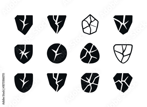 Crack Icon Set. Crack. Icon set. Set Logo of Crack: broken glass shard. harmonious logo variations of the same emblematic concept, each with different artistic