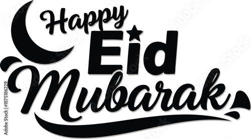 Black and white happy eid mubarak greeting with crescent moon and star