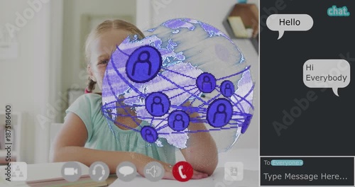 School child receiving chat greeting, tapping hologram globe nodes exploring links for learning