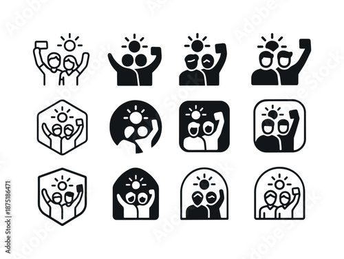 Adventure Selfie Icons. Two friends taking a selfie together during a fun adventure. Icon set. Set Logo of Two friends taking a selfie together during a fun