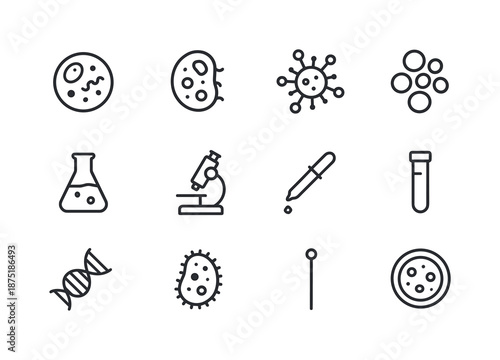 Microbial Culture Icons. Microbial Culture. Line icon set of Microbial Culture: petri dish, bacteria, virus, colony, flask, microscope, pipette, sample tube,