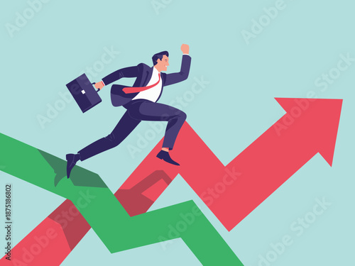 A suited businessman runs confidently up a graph symbolizing growth and success, portraying ambition and determination in the competitive world of business and finance.