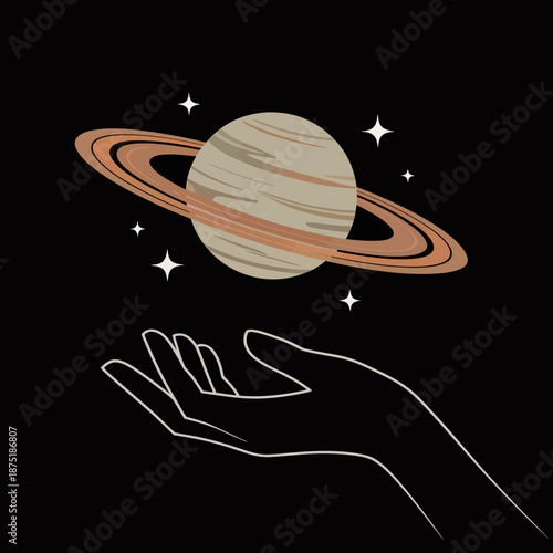 An artistic portrayal of a hand reaching toward Saturn, capturing the wonder of the universe and our human desire to explore the mysteries of space and cosmic connections.