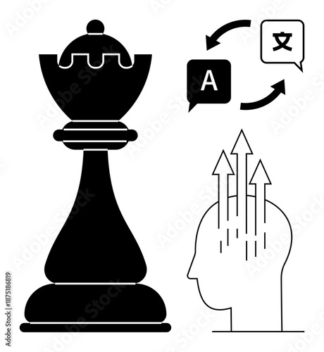 Chess strategy. Chess piece s strategic thinking and planning. Language translation with arrows and symbols. Creative thinking . For education, learning apps, multilingual tools, strategic