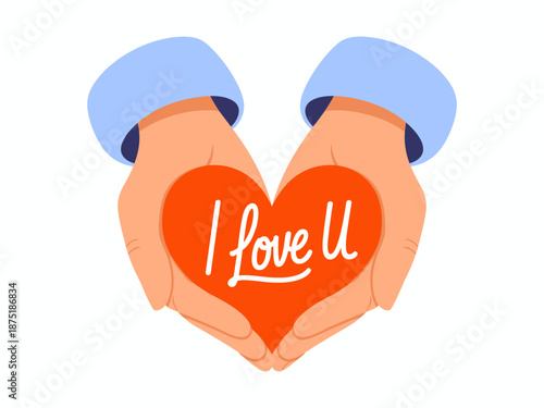 Two hands lovingly cradle a heart with 'I Love U' inscribed, representing affection, warmth, and the emotional depth of love and relationships in human connections.