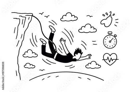 Adrenaline Freefall Icons. Freefall moment. Hand-drawn doodle illustration freefall moment falling silhouette, rope stretch, wind lines, clouds, cliff,