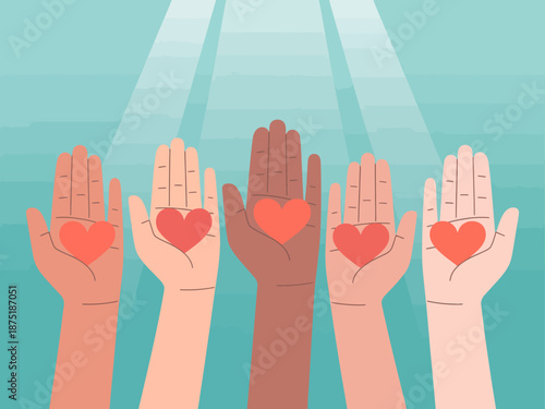 An illustration showcasing a range of diverse hands holding hearts, symbolizing unity, love, and inclusivity, capturing the essence of togetherness and community spirit in art.