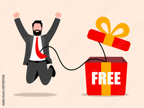 This lively illustration depicts a man joyously jumping in excitement with a surprise gift box labeled 'Free,' capturing the essence of happiness, spontaneity, and unexpected joy.