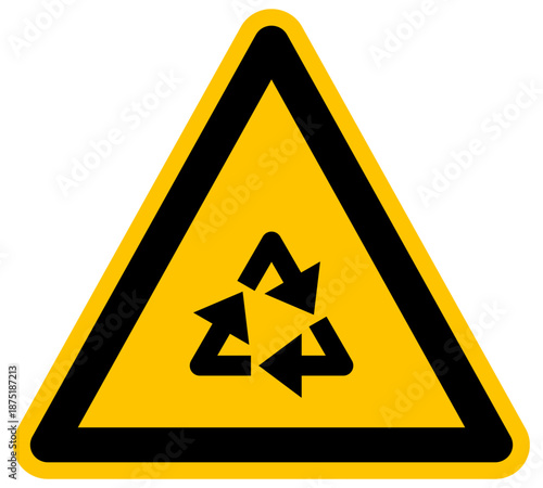 Señal de advertencia de reciclaje vector con símbolo de flechas circulares sobre fondo amarillo para sostenibilidad protección del medio ambiente ecología y gestión de residuos eco