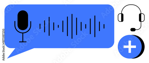 Audio recording concept. Visual ation of audio features with microphone, sound wave, and headset. Audio interface and customer support technologies. Communication tools, voice recognition, media