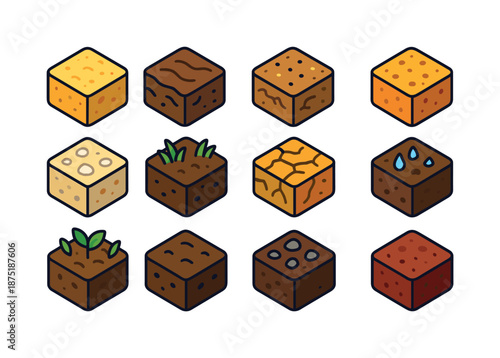 Colorful Soil Icons. Soil types. Colorful isometric vector icons set of Soil types: sandy soil, clay soil, loamy soil, silt soil, chalky soil, peaty soil, dry