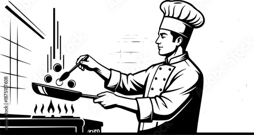 Chef man cooking food in pan restaurant kitchen vector icon
