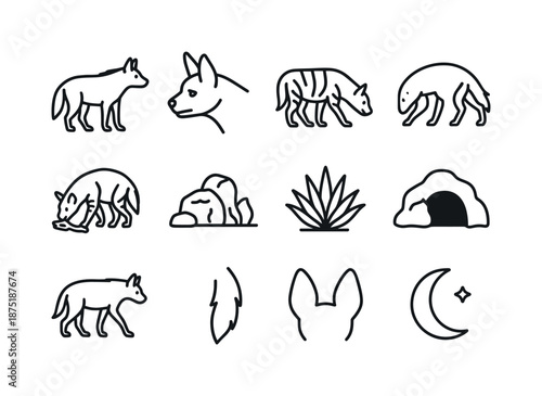 Striped Hyena Icon Set. Striped hyenas. Line icon set of Striped hyenas: striped hyena silhouette, head profile, body stripes, foraging hyena, scavenging icon,
