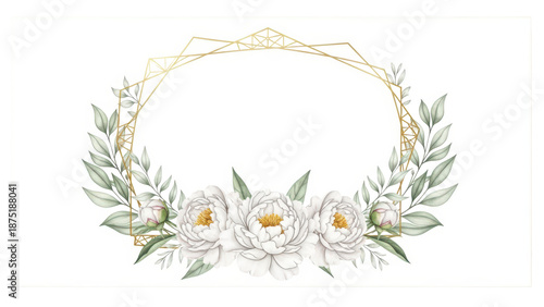 Luxury geometric golden frame with watercolor white peonies and sage green leaves. Modern wedding stationery design template with metallic accents.