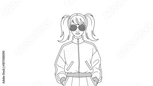 Stylish girl in an 80s tracksuit and shutter shades with pigtails, a retro fashion coloring page in a black and white outline.
