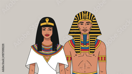 Ancient Egyptian couple, a pharaoh wearing a Nemes headdress and a queen, representing the royalty and history of Egypt.