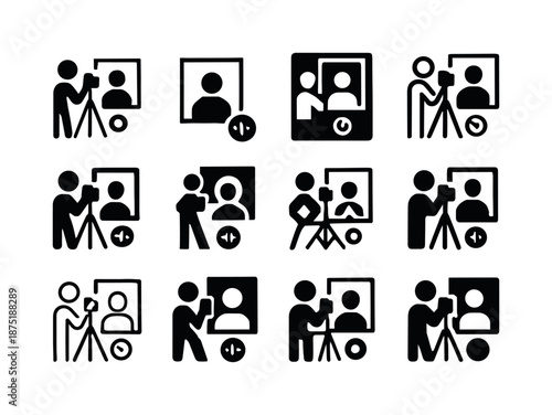 Studio Portrait Icon Set. Taking portraits in a studio. Icon set. Set Logo of Taking portraits in a studio: exposure meter. harmonious logo variations of the