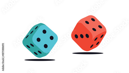 Two colorful cartoon dice, one red and one blue, being rolled or thrown, representing games, luck, and taking a chance.