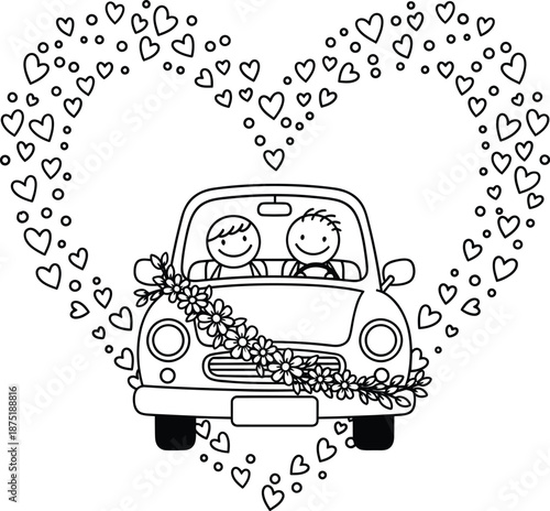 A charming doodle of a smiling newlywed couple in a flowerdecorated car framed by a large heart.