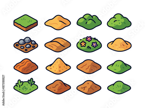 Isometric Terrain Icons. Outdoor terrain. Colorful isometric vector icons set of outdoor terrain: grassy rise, small dune, mound cluster, rocky ground, soil