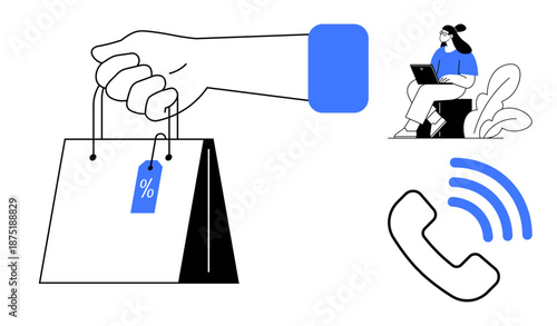 E-commerce concept. E-commerce visuals shopping bag with discount tag, remote work setup, and communication symbol. E-commerce enables efficient transactions and connectivity. For online shopping