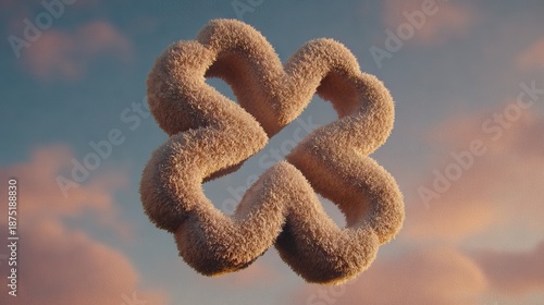 Abstract furry shape floating against sky with clouds compositional design