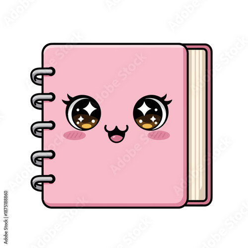 Cute pink notebook with cartoon eyes vector illustration