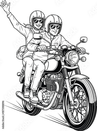 A black and white line art illustration of a happy couple riding a classic motorcycle with the passenger waving.