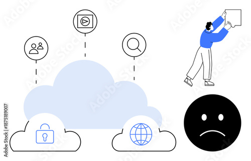 Cloud computing concept. Cloud storage and data icons highlight privacy and connectivity. Cloud computing integrates user data, security, and digital accessibility. For IT, cybersecurity, digital