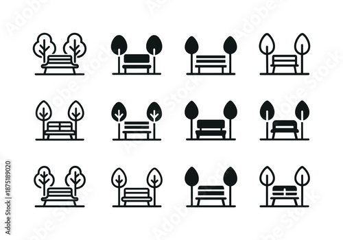 Urban Regeneration Icons. Landscape architecture for urban regeneration. Icon set. Set Logo of Landscape architecture for urban regeneration: urban bench.
