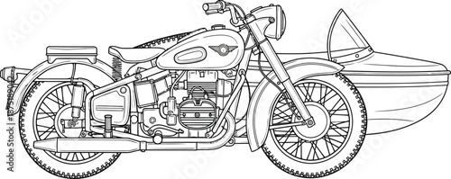 A detailed black and white line art illustration of a classic motorcycle with a sidecar.
