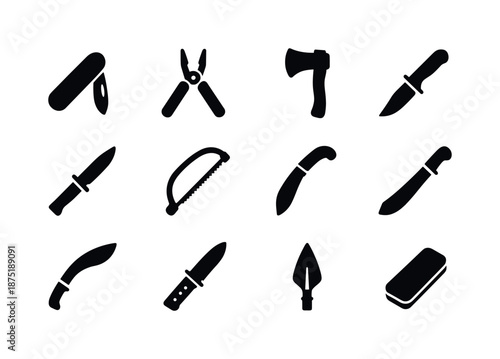 Outdoor Cutting Tools Icons. Outdoor cutting tools. Solid icon set of Outdoor cutting tools: pocket knife, multitool blade, hatchet, survival knife, bowie