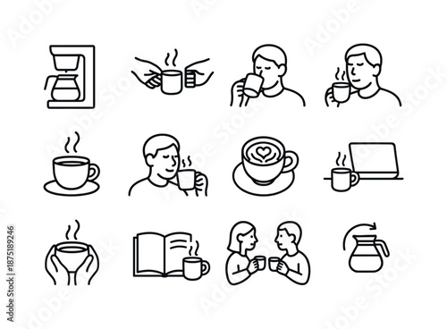 Coffee Rituals Icons. Coffee rituals. Line icon set of coffee rituals: morning brew, shared cup, coffee toast, deep sniff, coffee break, sip moment, latte art,