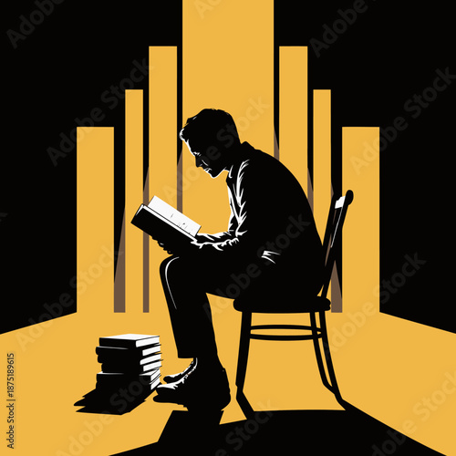 A silhouette of a man deeply focused on reading a book, contrasted against a backdrop of vertical golden structures representing knowledge and enlightenment.