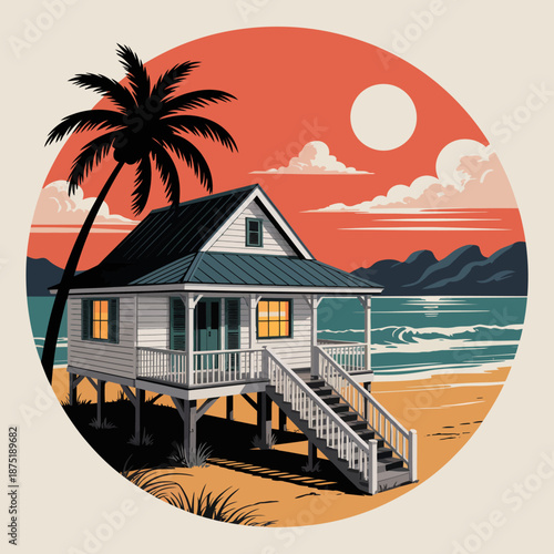 This vibrant illustration depicts a charming beachfront house with a palm tree, illuminated by warm sunset colors, embodying relaxation and coastal living.