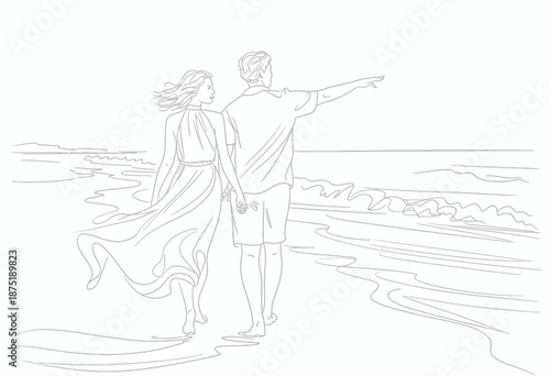 A tender line drawing depicts a couple enjoying a romantic walk along the beach, capturing the essence of love, intimacy, and connection as they gaze towards the horizon.
