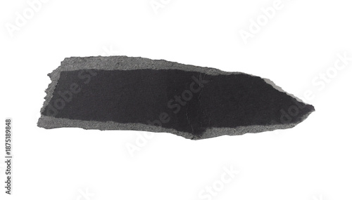 Elongated torn black paper strip with fibrous cardboard edges, matte surface, and subtle creases.