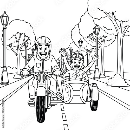 Cheerful father and son on a classic motorcycle with a sidecar waving happily in a black and white line art illustration.