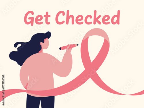 This image promotes breast cancer awareness with an illustration of a woman holding a marker beside a pink ribbon, encouraging timely health checks and self-examinations.