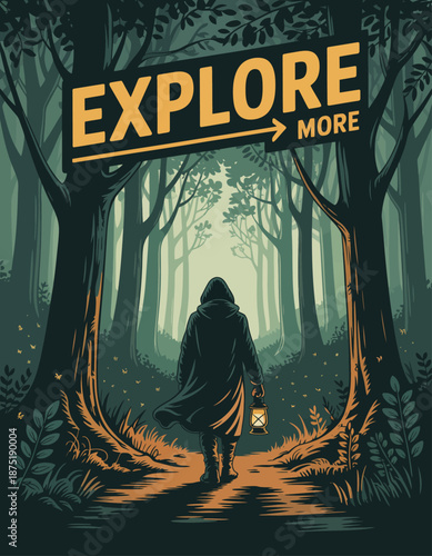 An evocative image encouraging exploration, features a cloaked figure holding a lantern, stepping into a mysterious forest filled with dense trees and an inviting path ahead.