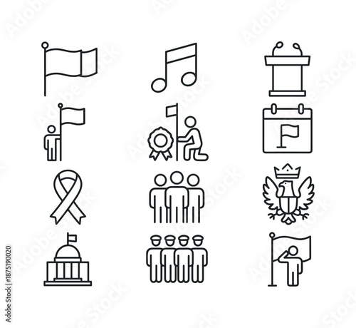 National Ceremony Icons. National ceremonies. Line icon set of National ceremonies: national flag icon, anthem note, presidential podium, flag raising, wreath
