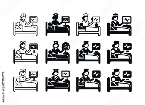 Nursing Care Icons. Nurses Caring for Patients in Hospitals. Icon set. Set Logo of Nurses Caring for Patients in Hospitals: nurse checking patient?s vitals on