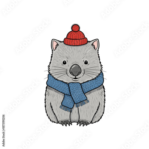 Gray wombat wearing small red knit hat and blue knit scarf. Isolated transparent background ( include cut-out PNG file )
