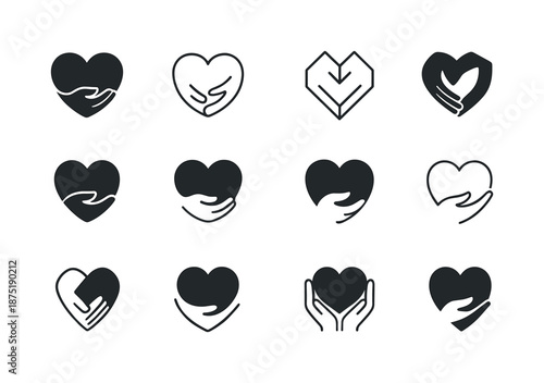 Caring Heart Icons. The act of caring and nurturing loved ones. Icon set. Set Logo of the act of caring and nurturing loved ones: heart embraced by hands.