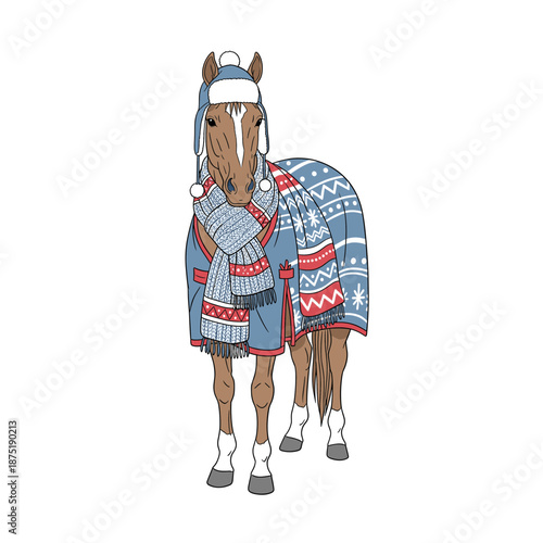 Horse wearing blue trapper hat knitted scarf and patterned blanket. Isolated transparent background ( include cut-out PNG file )