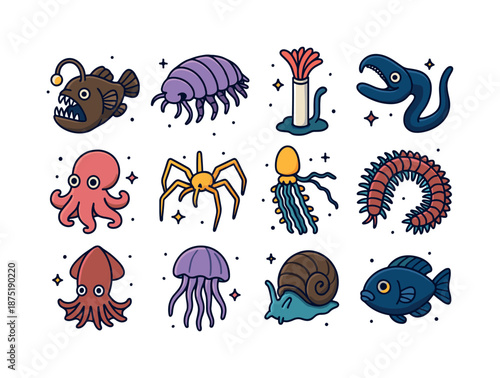 Colorful Sea Creature Icons. Deep-Sea Organisms. Colorful isometric vector icons set of Deep-Sea Organisms: anglerfish, giant isopod, tube worm, gulper eel,