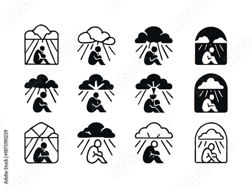 Solitude Iconography Set. The Emotional Impact of Being Alone in Hard Times. Icon set. Set Logo of The Emotional Impact of Being Alone in Hard Times: light