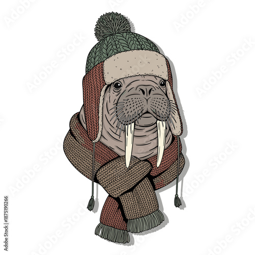 A walrus head wearing a winter trapper hat and thick brown knit scarf. Isolated transparent background ( include cut-out PNG file )