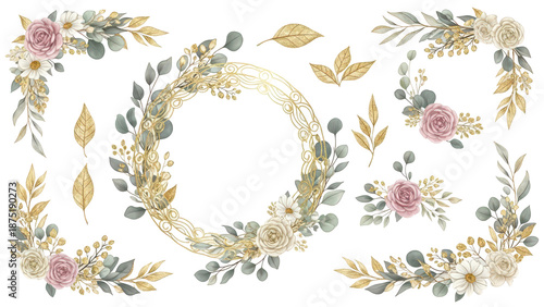 Luxury botanical gold wedding frame elements collection. Set of circle, glitters, leaf branches, flower, eucalyptus. Elegant foliage design for wedding, card, invitation, greeting.